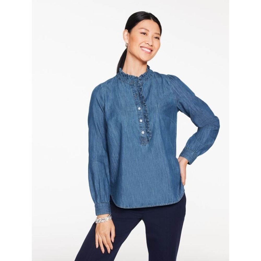 Talbots Womens Chambray Denim Ruffle‎ Henley Blouse Crystal Button Blue XS New